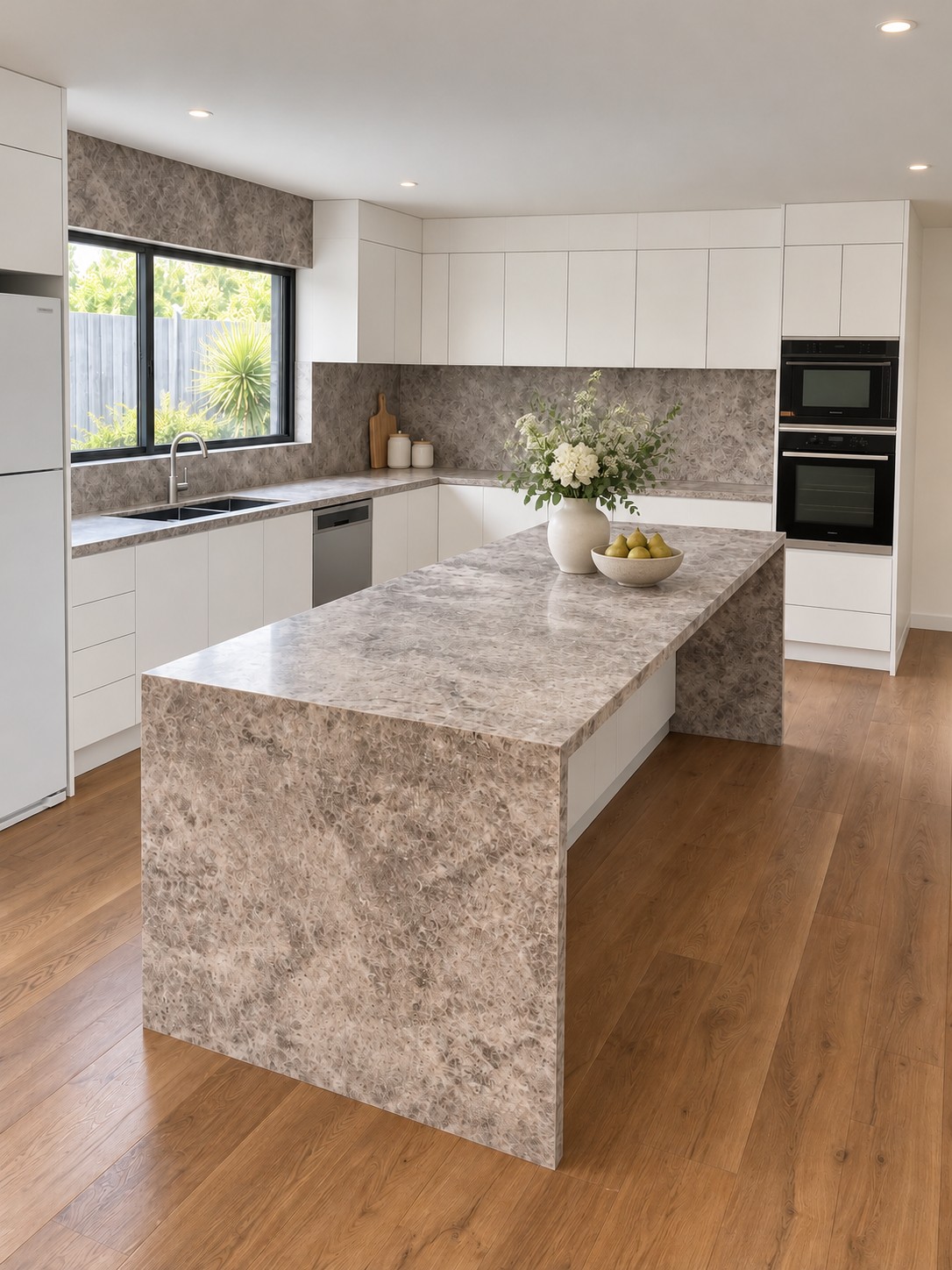 Tundra Grey island and splashback with white kitchen cabinetry.