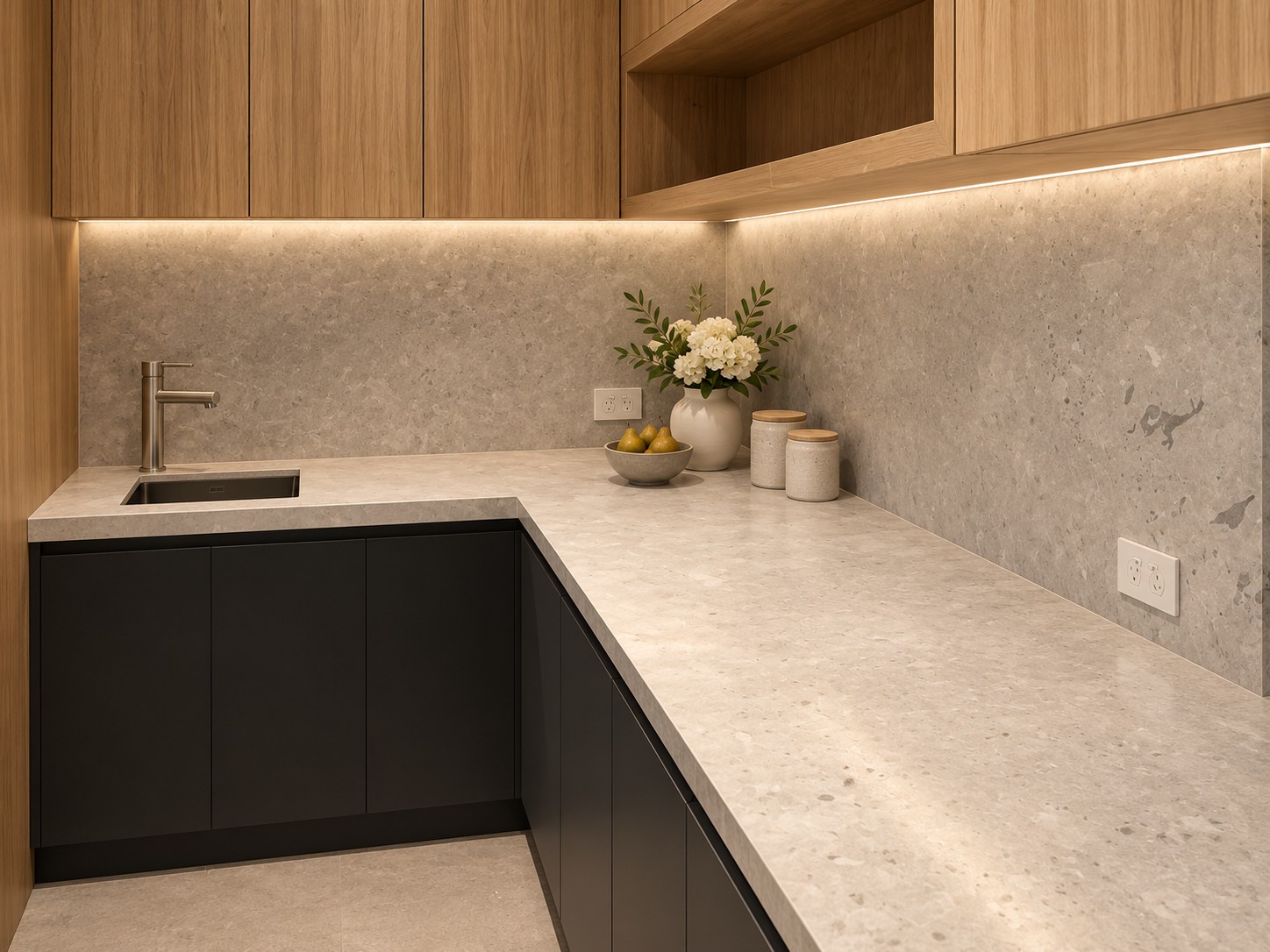 Tundra Grey benchtop and splashback alongside timber and dark cabinetry.